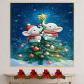 Baby Elephants Decorating Christmas Tree with Star and Ornaments in Winter Wonderland Scene Holiday Art Print for Nursery or Festive Seasonal Decor on Ready to Hang 1.5" Thick Canvas Wrap, Floating Framed Canvas, Flat Rolled Canvas